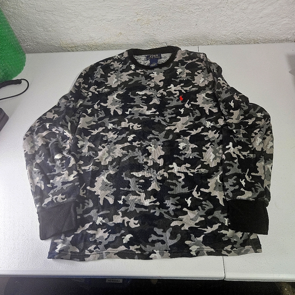 Polo Ralph Lauren Shirt Mens Large Black Camo Waffle Knit Long Sleeve Pullover